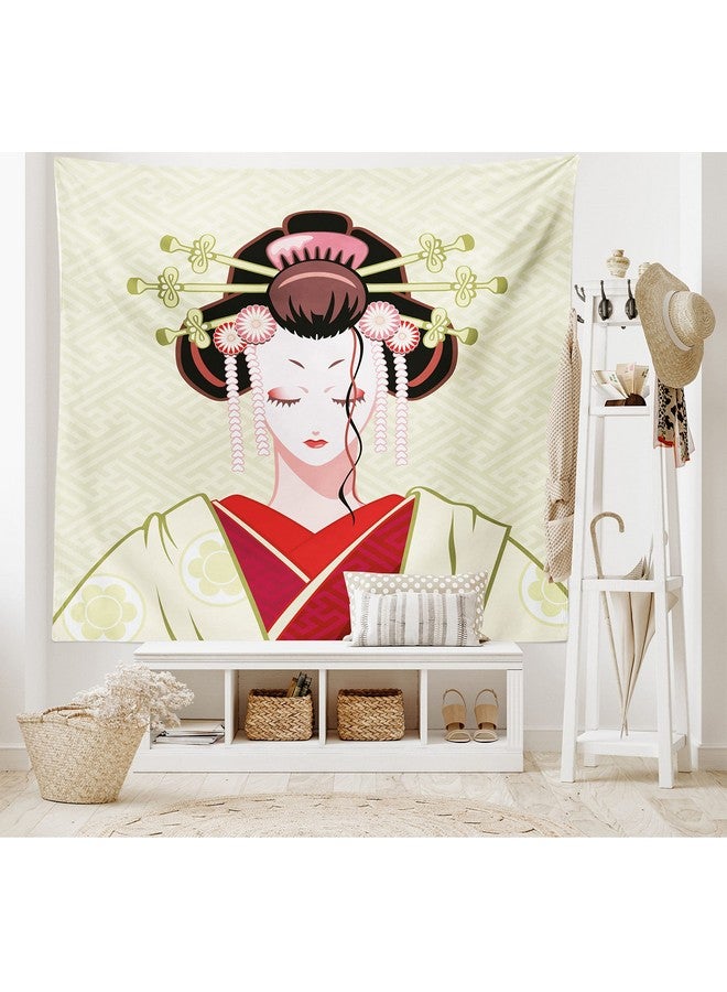 Ambesonne Japanese Tapestry, Geisha Woman Portrait Traditional Kimono Maiko Cultural Hairdo, Wide Wall Hanging for Bedroom Living Room Dorm, 60" X 40", Green Red Pale Yellow - Image 2