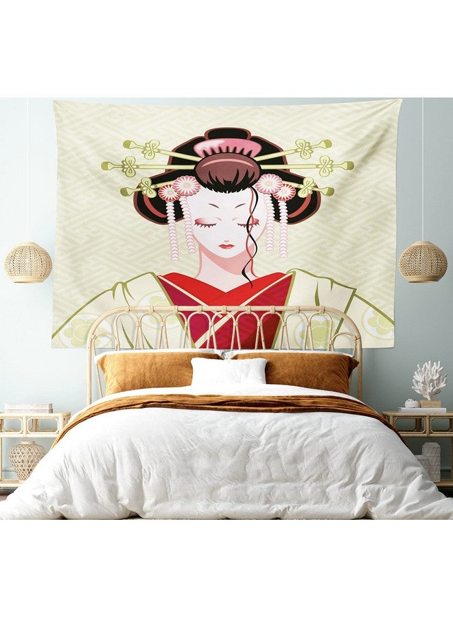 Ambesonne Japanese Tapestry, Geisha Woman Portrait Traditional Kimono Maiko Cultural Hairdo, Wide Wall Hanging for Bedroom Living Room Dorm, 60" X 40", Green Red Pale Yellow - Image 5