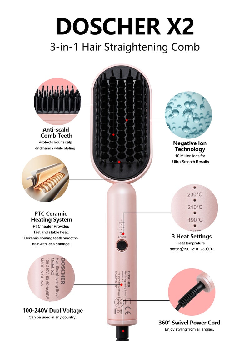 دوشر فرشاة فرد الشعر ، الشعر مع مشط مدمج 30 ثانية تسخين سيراميك سريع ، 3 إعدادات درجة الحرارة ، مضاد للحرق وإغلاق تلقائي لمدة 60 دقيقة ، مثالي لجميع أنواع الشعر (وردي) - Image 2