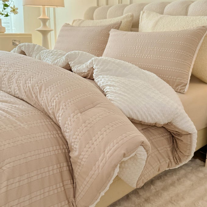 BOHO COMFORTER SET FULL SIZE STRIPED PLEATS BOHEMIAN SEERSUCKER BEDDING SET ALL SEASON SOFT COZY 3 PIECES QUILT WITH 2 PILLOWCASES80X90 BEIGE