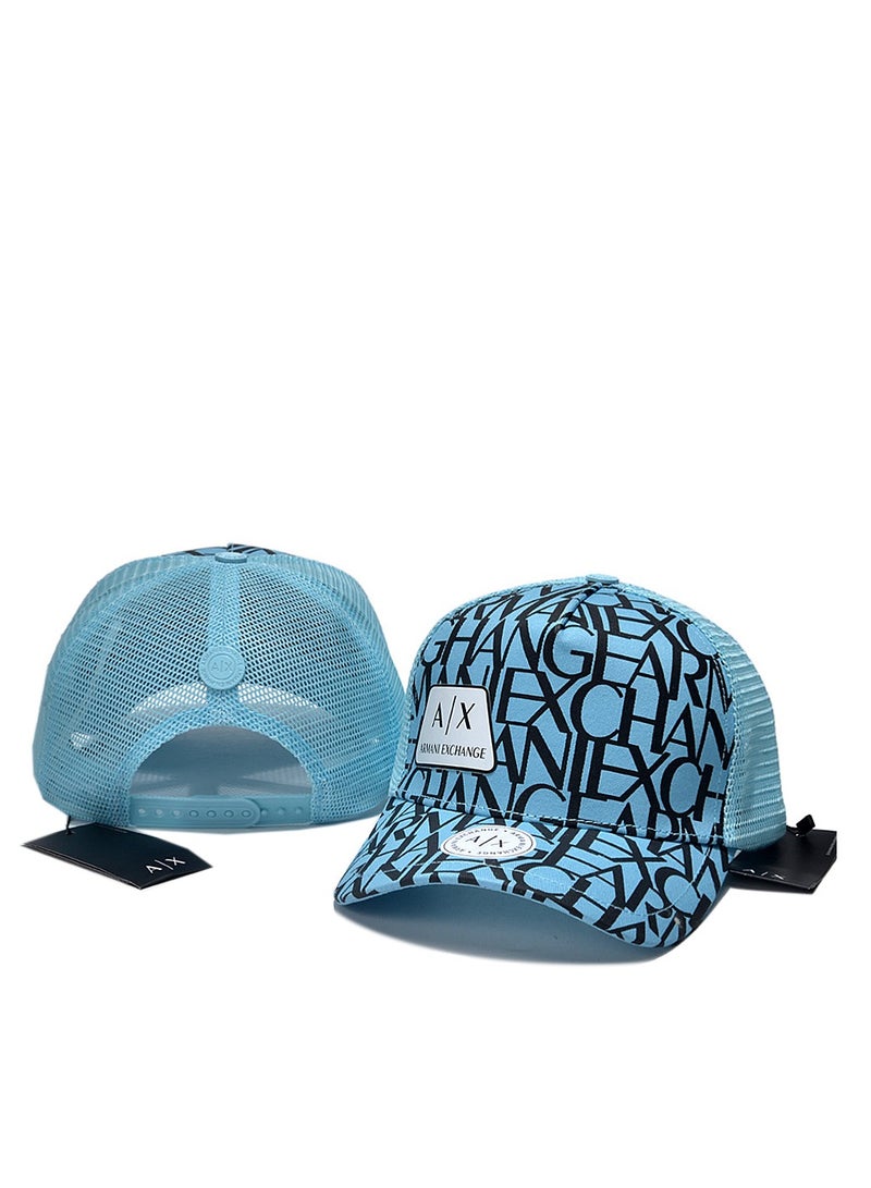 Trucker Hat: Light Blue Mesh, All - Over Logo Print