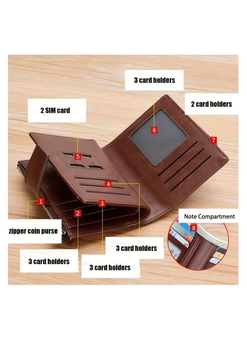 بنليرو محفظة جلدية أصلية للرجال بتصميم عتيق تتميز بفتحة بطاقات محمية بتقنية RFID، وحجرة للعملات المعدنية، وحامل بطاقات عمل، وسحّاب آمن للإغلاق. محفظة رجالية (بني). - Image 5