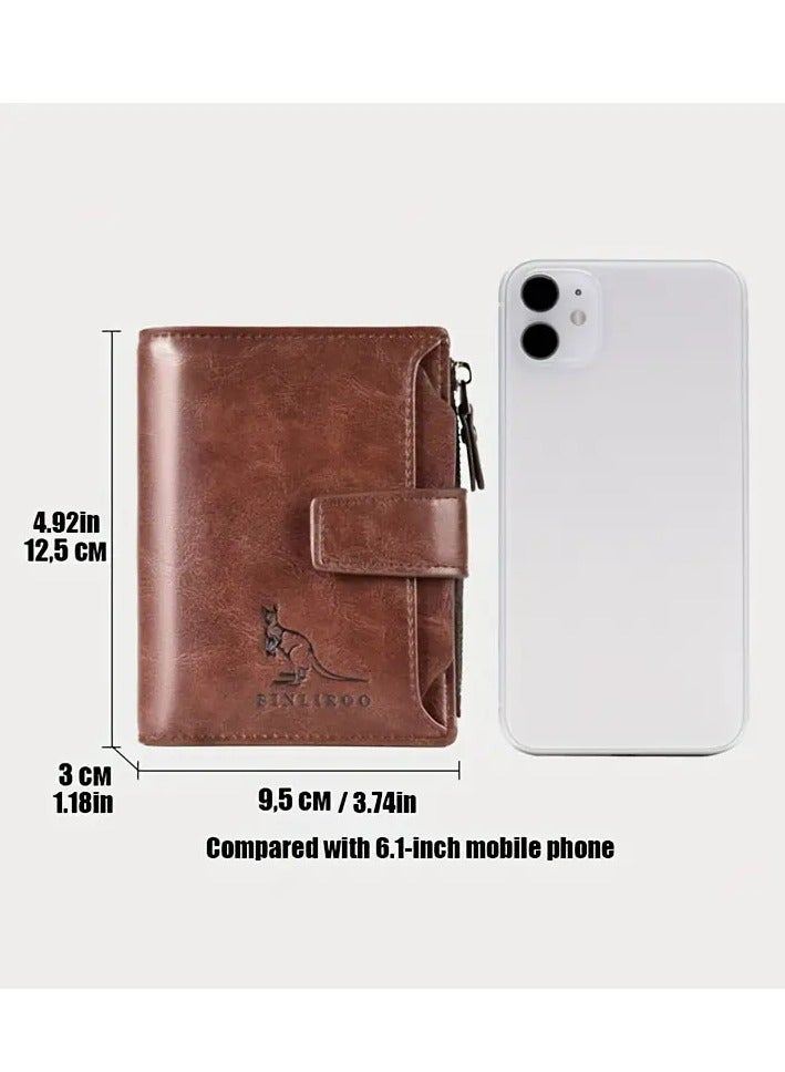 بنليرو محفظة جلدية أصلية للرجال بتصميم عتيق تتميز بفتحة بطاقات محمية بتقنية RFID، وحجرة للعملات المعدنية، وحامل بطاقات عمل، وسحّاب آمن للإغلاق. محفظة رجالية (بني). - Image 2