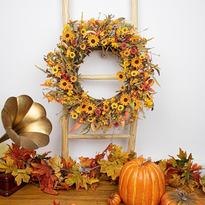 J'FLORU Artificial Fall Wreath 22 Inch Fall Wreaths for Front Door Autumn Porch Farmhouse Thanksgiving Day Harvest Festival - Image 3