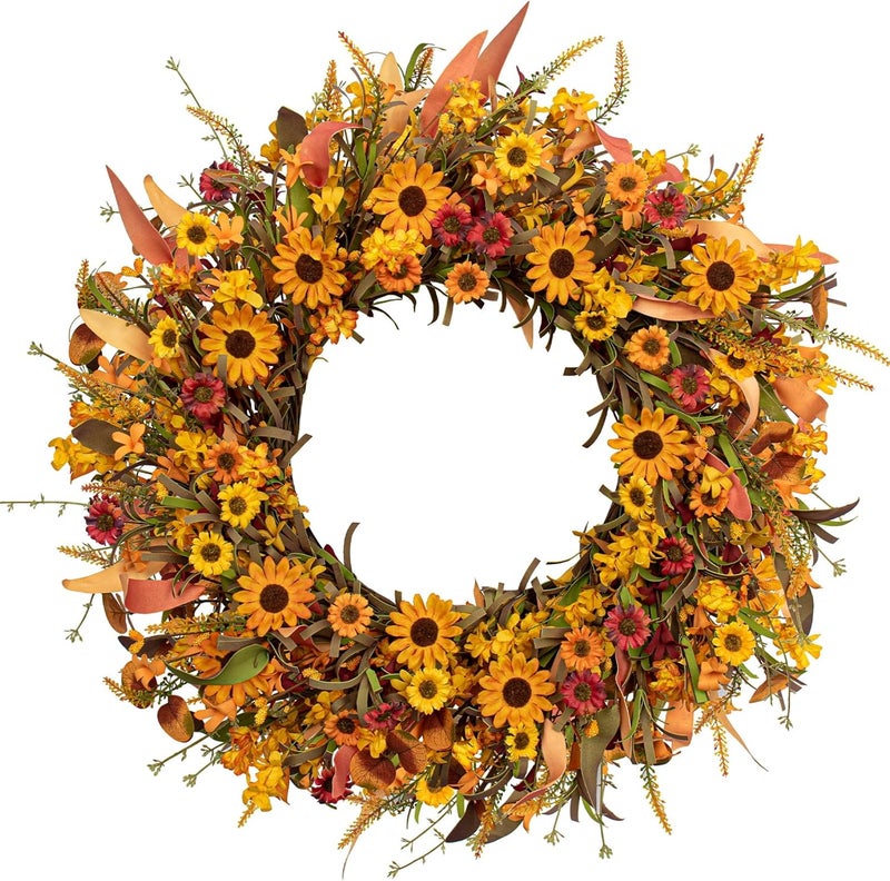 J'FLORU Artificial Fall Wreath 22 Inch Fall Wreaths for Front Door Autumn Porch Farmhouse Thanksgiving Day Harvest Festival - Image 1