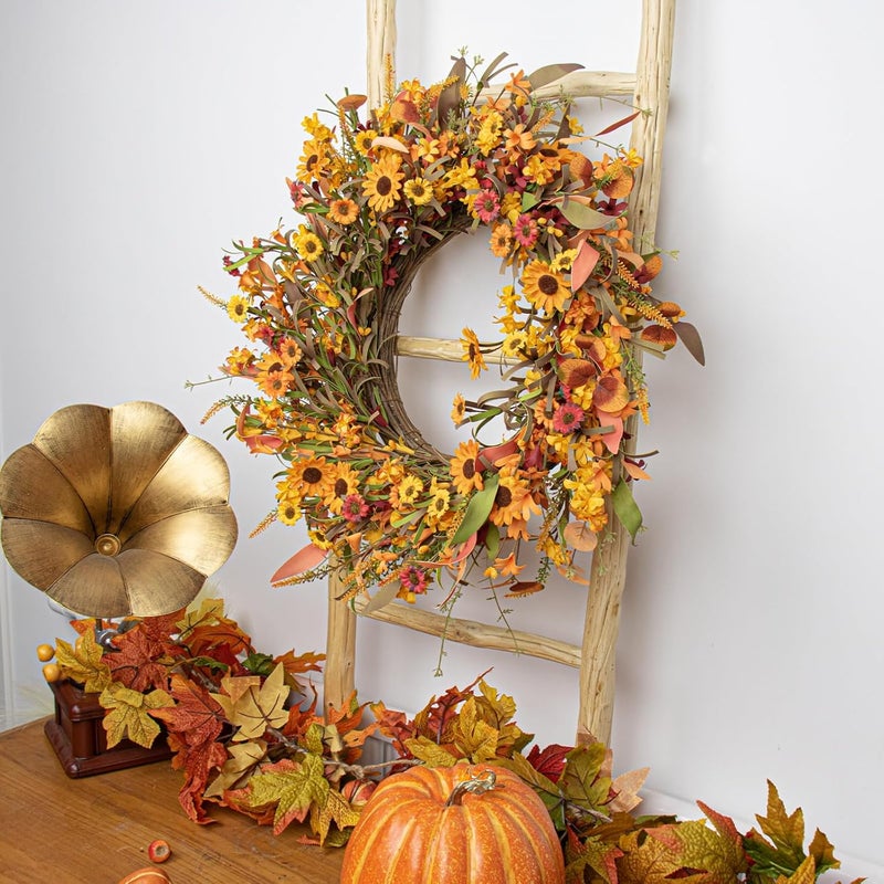 J'FLORU Artificial Fall Wreath 22 Inch Fall Wreaths for Front Door Autumn Porch Farmhouse Thanksgiving Day Harvest Festival - Image 5