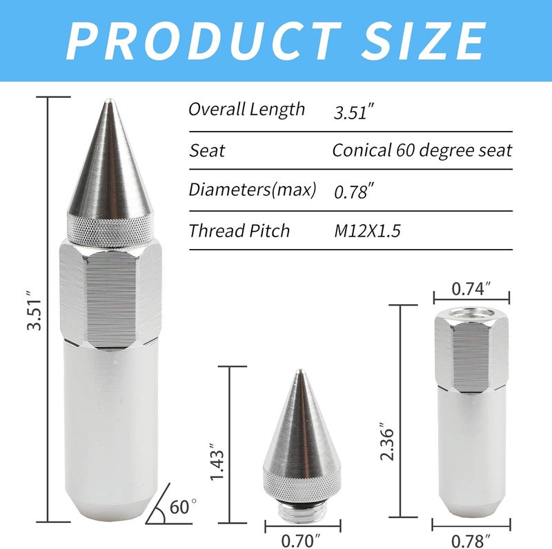 EZPROIT M12X1.5 Spiked Aluminum Extended Tuner Lug Nuts 20PCS 60MM (Silver) - Image 2