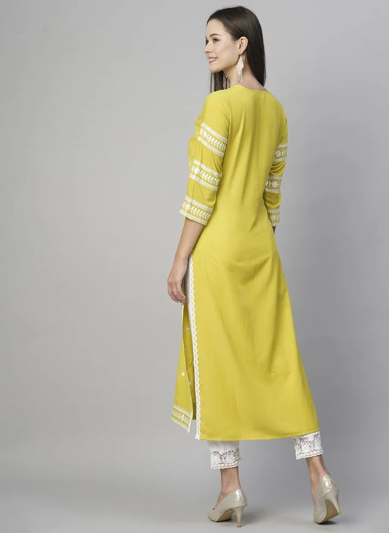 GoSriKi Women's Cotton Blend Chikankari Embroidered Straight Kurta Yellow