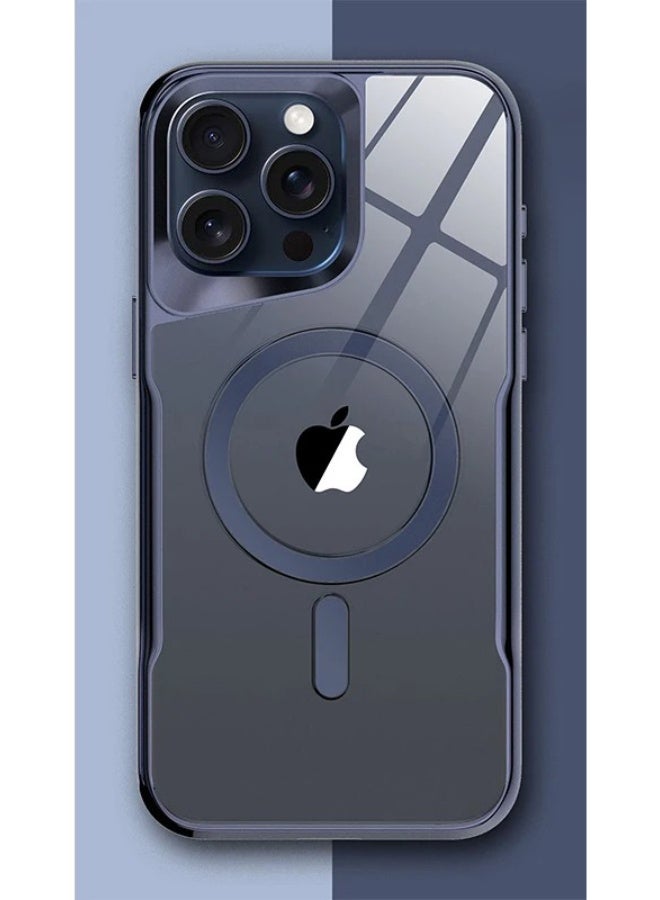 غطاء حماية شفاف بإطار مطلي لهاتف iPhone 15 Pro Max مغناطيسي للشحن اللاسلكي Magsafe (أزرق) - Image 1