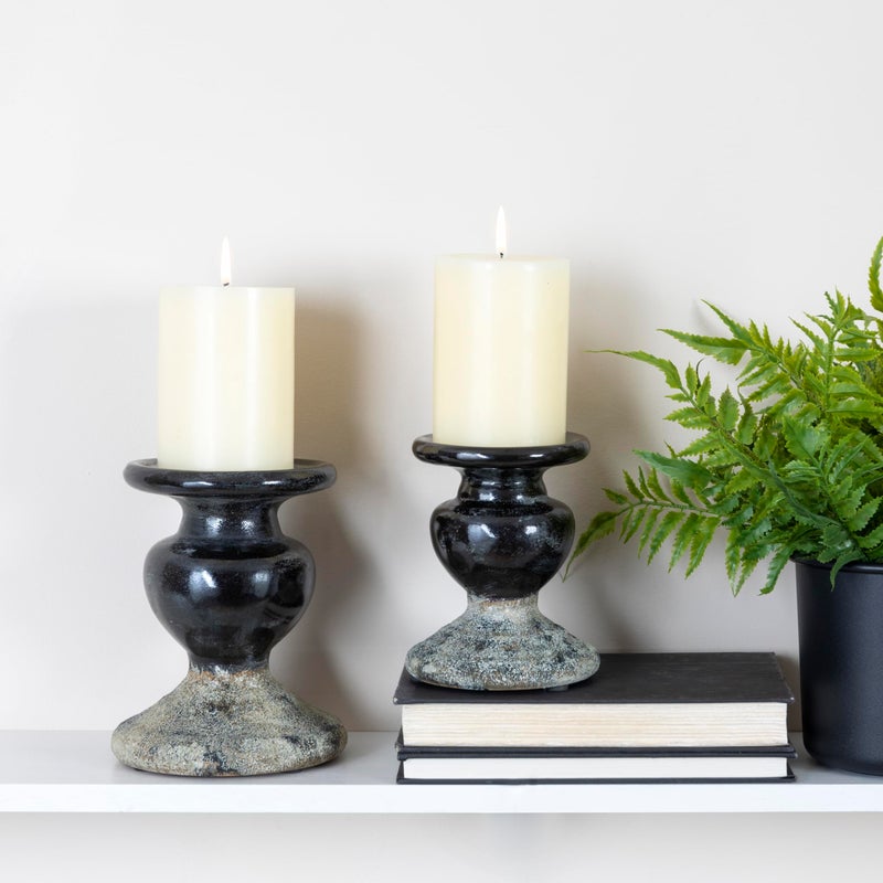 Creative Co-Op 2-Tone Sculptural Terracotta Pillar Candle Holder, Distressed Black - Image 4