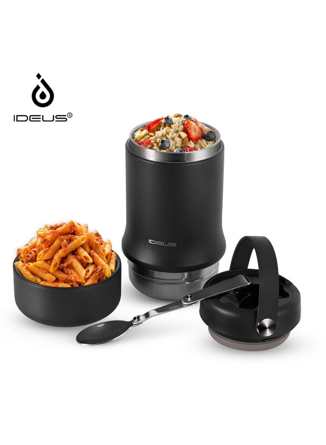 IDEUS 20oz Double Wall Stainless Steel Insulated Food Jar with Foldable Spoon, Kids & Adults Thermos for Hot Food, Keep Hot and Fresh (Black) - Image 1