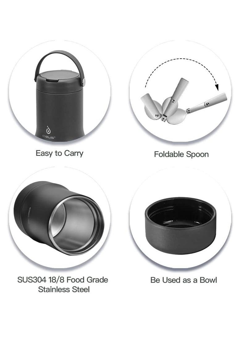 IDEUS 20oz Double Wall Stainless Steel Insulated Food Jar with Foldable Spoon, Kids & Adults Thermos for Hot Food, Keep Hot and Fresh (Black) - Image 2