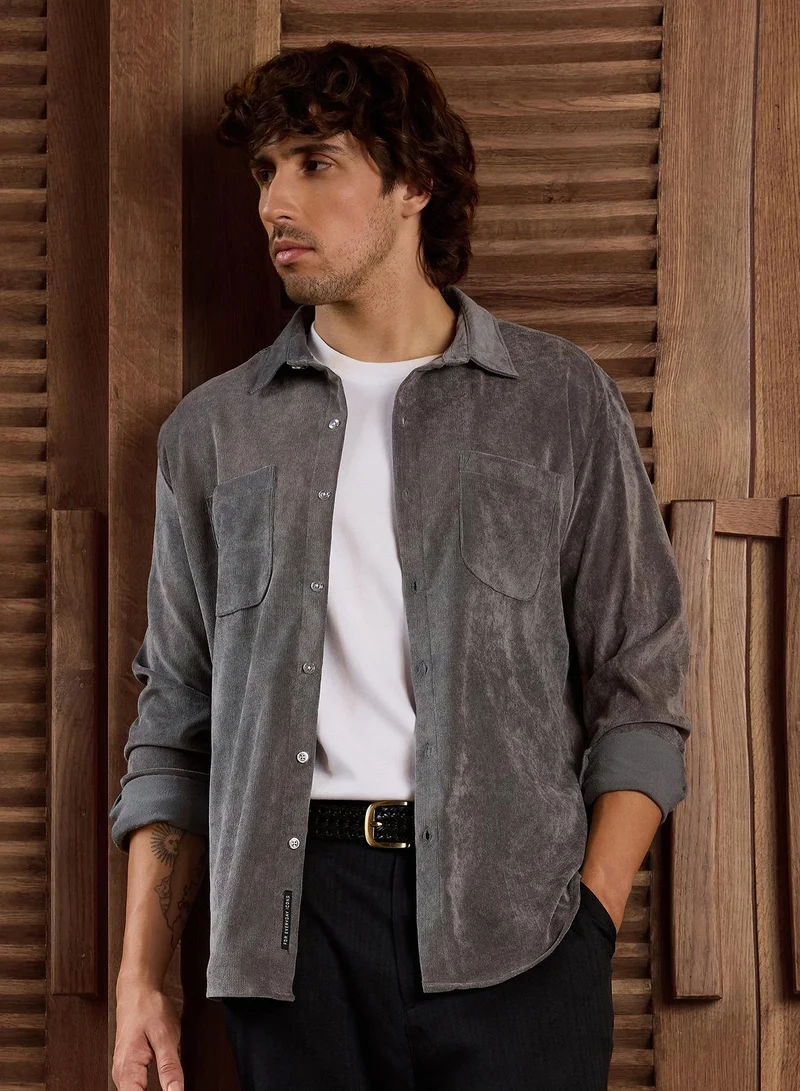 CAHOOT Men's Grey Plain/Basic Regular Shirt For Casual Wear | Collared Neck | Long Sleeve | Button Closure | Cotton Blend Shirt Crafted With Comfort Fit For Everyday Wear (3551)