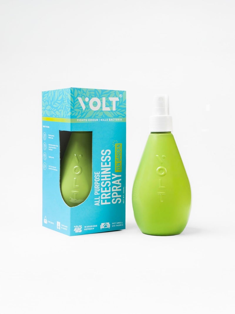 VOLT Freshness Spray (Zen Garden) | Fabric Perfume Spray 250 ml Eliminates odours, Instant frgarance, on Clothes, Bedding, Sofa, Curtains, Cushions, Carpets, Gym Bag, Pet Bed, Shoes etc - Image 1