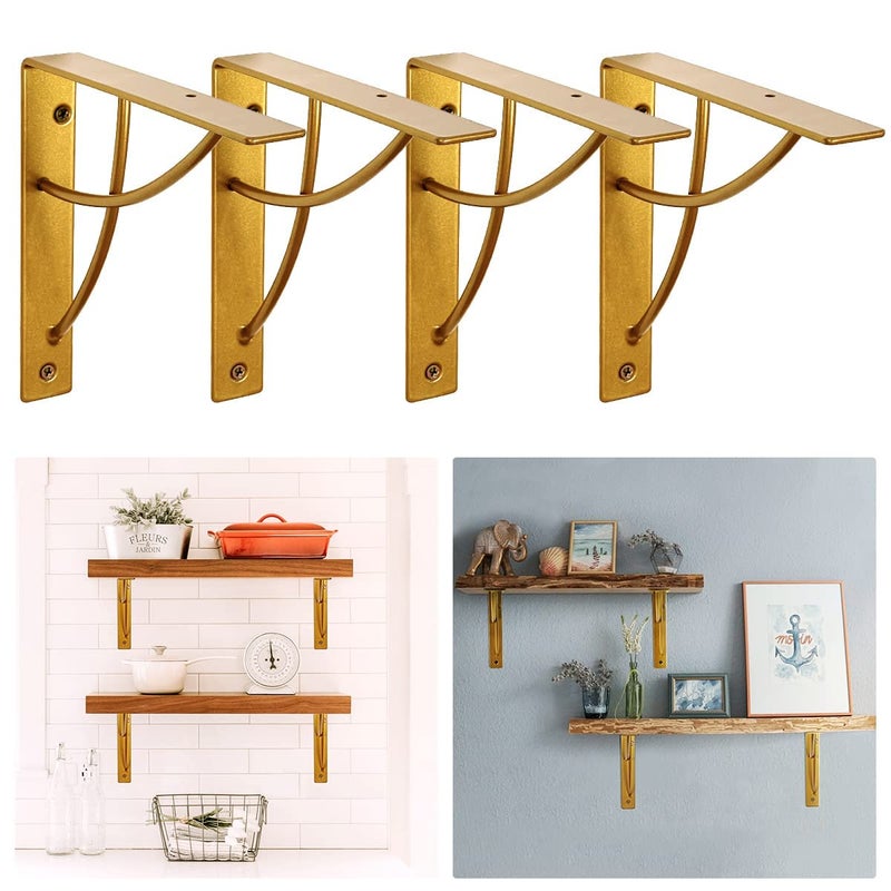 WAALIJI Metal Shelf Brackets, Gold Heavy Duty Shelf Bracket 7 Inch for Floating Shelf DIY Open Shelving Modern L & Cross Design Set of 4 - Image 4