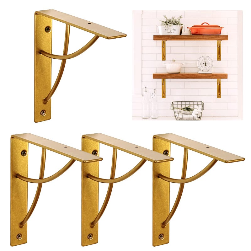 WAALIJI Metal Shelf Brackets, Gold Heavy Duty Shelf Bracket 7 Inch for Floating Shelf DIY Open Shelving Modern L & Cross Design Set of 4 - Image 1