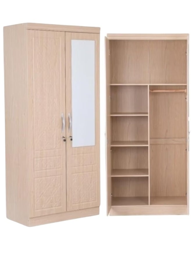 SULSHA 2 Door Wooden Wardrobe Cabinet Cupboard Closet with Mirror and Shelves Freestanding Storage Cabinet for Bedroom Clothes Organizer with Hanging Space - Image 4