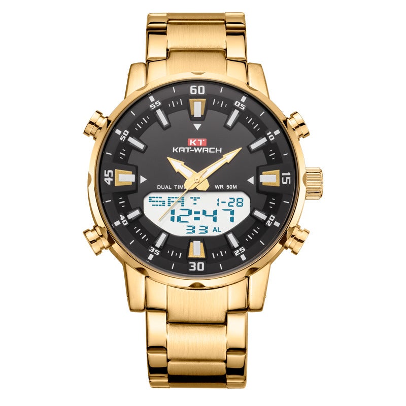 KAT-WACH Fashion LED Quartz Watch Stainless Steel Waterproof Men 1815 Steel Strip Gold 