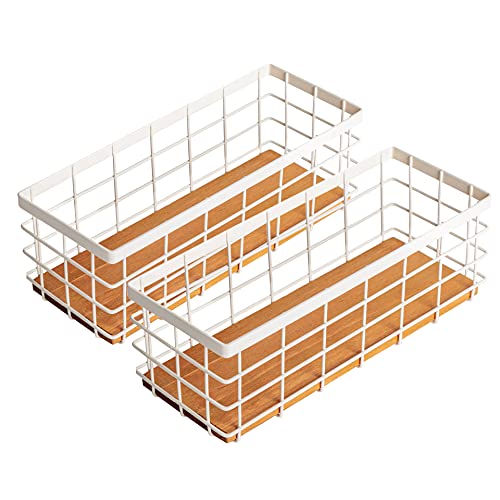 TIEYIPIN Small Metal Wire Storage Basket, Detachable Wood Base Storage Organizer Bin Basket for Kitchen Cabinets, Bathroom, Pantry, Garage, Laundry Room (Cream White, 2 Pack) - Image 1