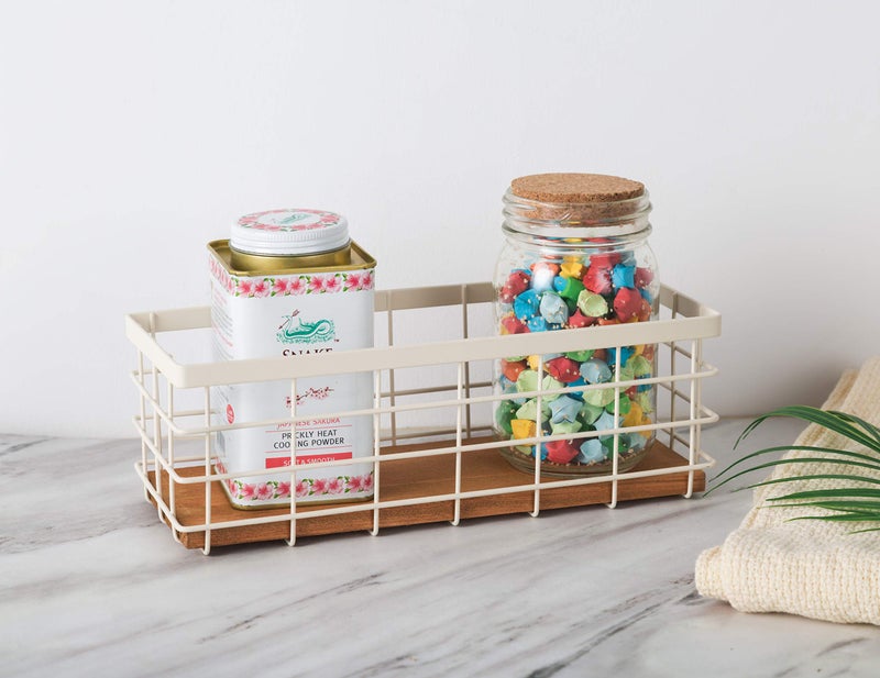 TIEYIPIN Small Metal Wire Storage Basket, Detachable Wood Base Storage Organizer Bin Basket for Kitchen Cabinets, Bathroom, Pantry, Garage, Laundry Room (Cream White, 2 Pack) - Image 3