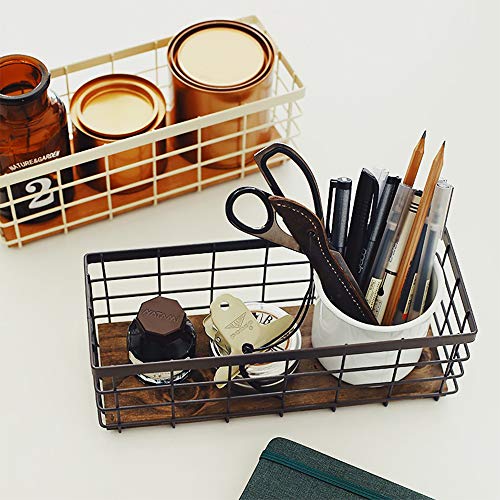 TIEYIPIN Small Metal Wire Storage Basket, Detachable Wood Base Storage Organizer Bin Basket for Kitchen Cabinets, Bathroom, Pantry, Garage, Laundry Room (Cream White, 2 Pack) - Image 4