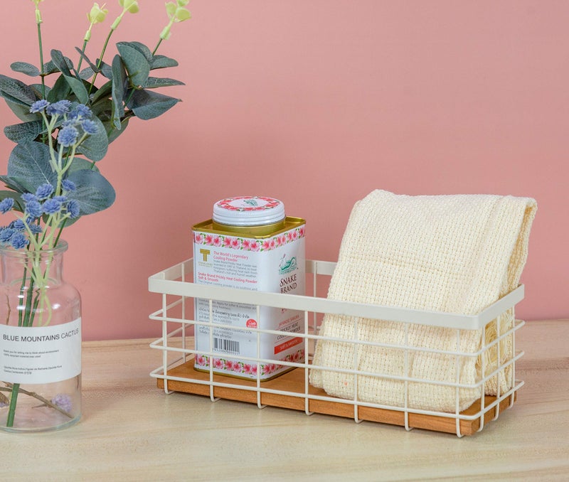 TIEYIPIN Small Metal Wire Storage Basket, Detachable Wood Base Storage Organizer Bin Basket for Kitchen Cabinets, Bathroom, Pantry, Garage, Laundry Room (Cream White, 2 Pack) - Image 2