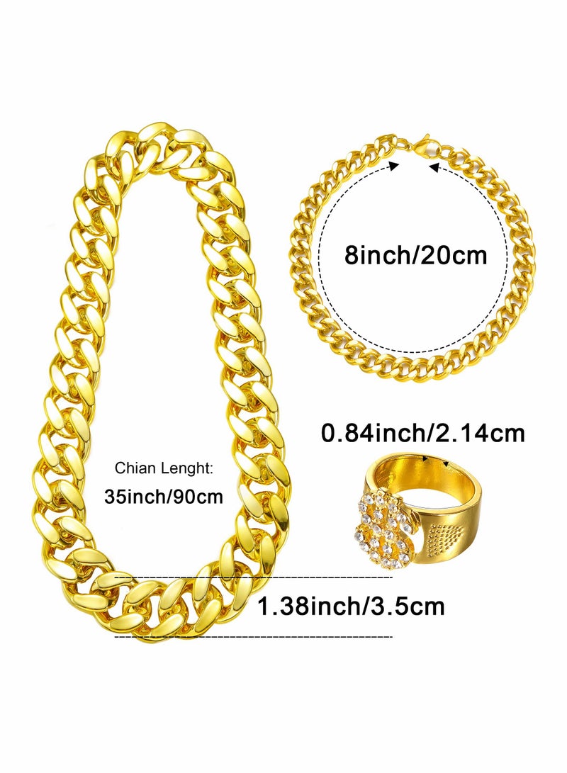 Excefore 80's 90's Gold Chain Glasses Set: Hip Hop Glam Punk Dollar Necklace Glasses Ring Bracelet - Image 2