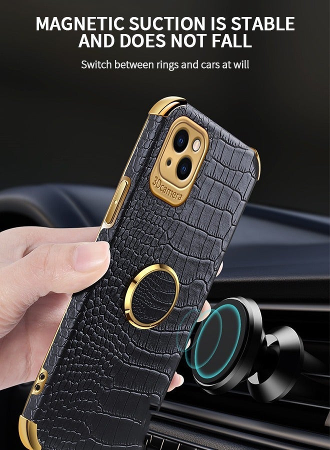 جرويك IPhone 14 Max Case 6.7 Inch Ring Holder Magnetic Luxury Crocodile Cover Gold Edge 360 Degree Rotation Stand Slim Leather Protective - Black - Image 3