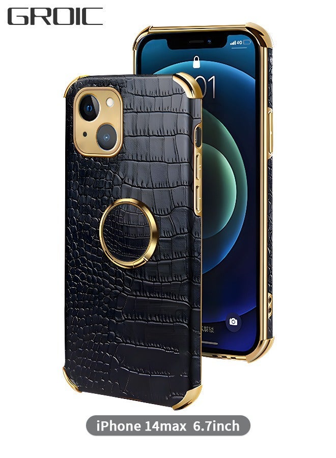جرويك IPhone 14 Max Case 6.7 Inch Ring Holder Magnetic Luxury Crocodile Cover Gold Edge 360 Degree Rotation Stand Slim Leather Protective - Black - Image 1