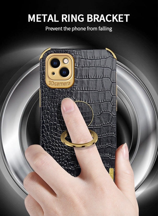جرويك IPhone 14 Max Case 6.7 Inch Ring Holder Magnetic Luxury Crocodile Cover Gold Edge 360 Degree Rotation Stand Slim Leather Protective - Black - Image 4