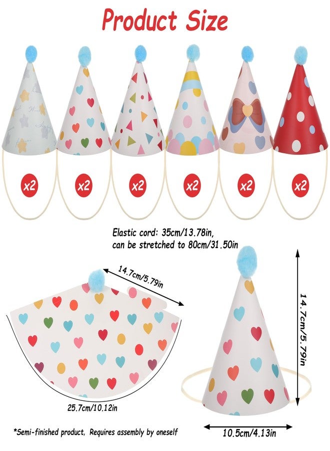 Aeaocvo 12 PCS Party Hats for Stuffed Animals, 6 Style Cat Dog Party Hats with Pom Poms, Paper Cone Hat Headwear Celebration for Kittens Rabbits Small Stuff Animals Pets - Image 3