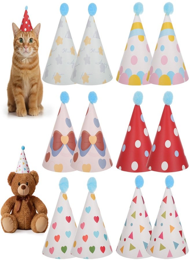 Aeaocvo 12 PCS Party Hats for Stuffed Animals, 6 Style Cat Dog Party Hats with Pom Poms, Paper Cone Hat Headwear Celebration for Kittens Rabbits Small Stuff Animals Pets - Image 1