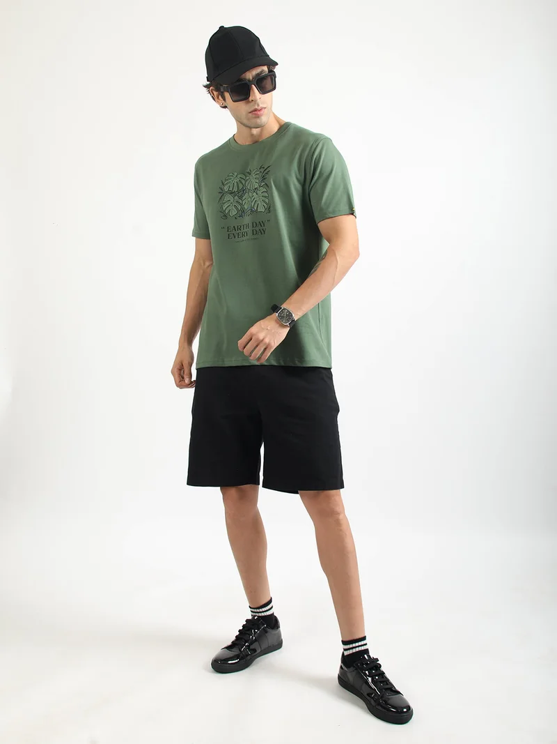 Maniac  Maniac Mens Printed Round Neck Half Sleeve Cream and Hunter Green Cotton T-Shirt for Men | Best Price UAE