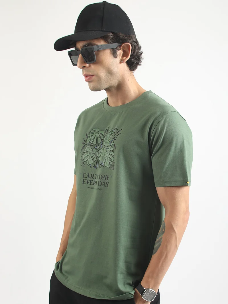 Maniac  Maniac Mens Printed Round Neck Half Sleeve Cream and Hunter Green Cotton T-Shirt for Men | Best Price UAE