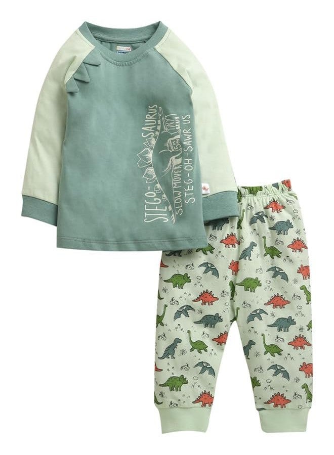 BUMZEE طقم بيجاما وقميص قطني أخضر بأكمام طويلة وطبعة حيوانية ورقبة دائرية للأولاد من BUMZEE - من 6 إلى 12 شهرًا (Peb11195C-grn) - Image 1