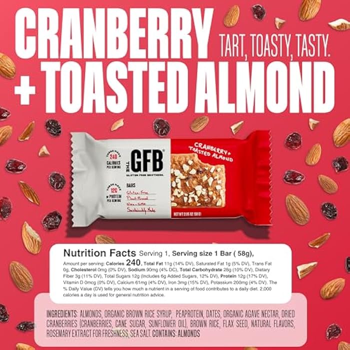 The GFB Cranberry Toasted Almond Protein Bars - Gluten Free, Plant Based, Non GMO, Sustainably Made – Ridiculously Tasty, Healthy, Vegan, Nutrition Snack Protein Bars, 2.05 oz (12 Count) - Image 3