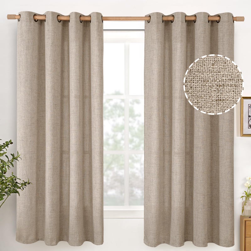 YoungsTex Oatmeal Linen Semi Sheer Curtains 63 lnch Length 2 Panels, Tan Light Filtering Window Drapes Textured with Bronze Grommet for Bedroom Living Room Farmhouse, 52 X 63 Inch - Image 1