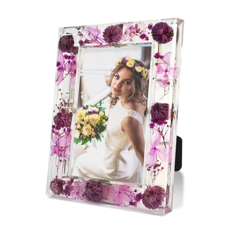 FONMY 5x7 Picture Frame Purple Flower Acrylic Frame for Wall Decor and Tabletop Display Worth Memorial Gifts Picture Frames Unique Photo Frame with Pink Dried Flowers as Home Decoration
