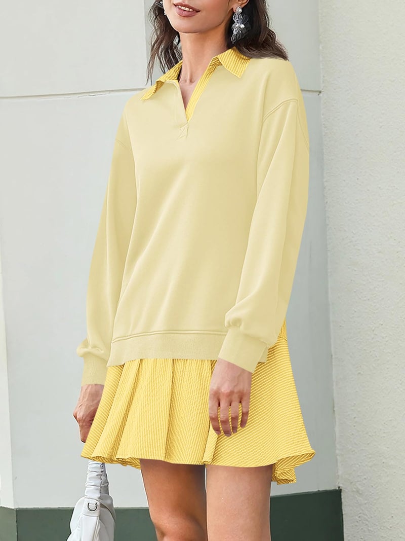 Wenrine Womens Oversized Sweatshirt Dress Casual Long Sleeve Collared V Neck Patchwork Loose Mini Dresses Beige - Image 3