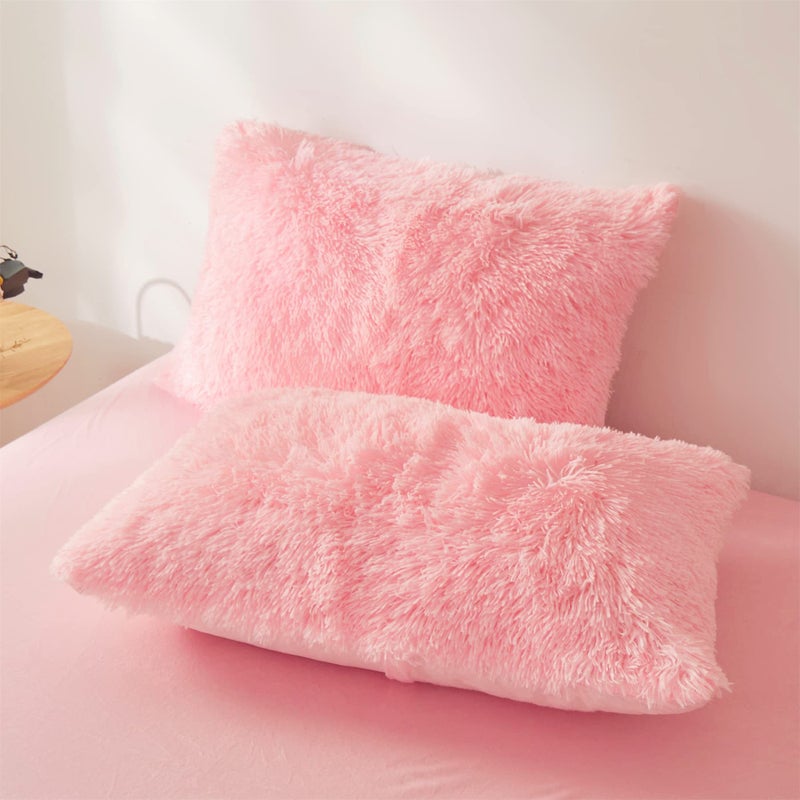 Fluffy Pillow Cases Pink 26x20 Faux Fur Furry Shaggy Plush Fuzzy Decorative Pillow Covers Set of 2 Standard Velvet Cushion Cover with Zipper for Bedroom Interior