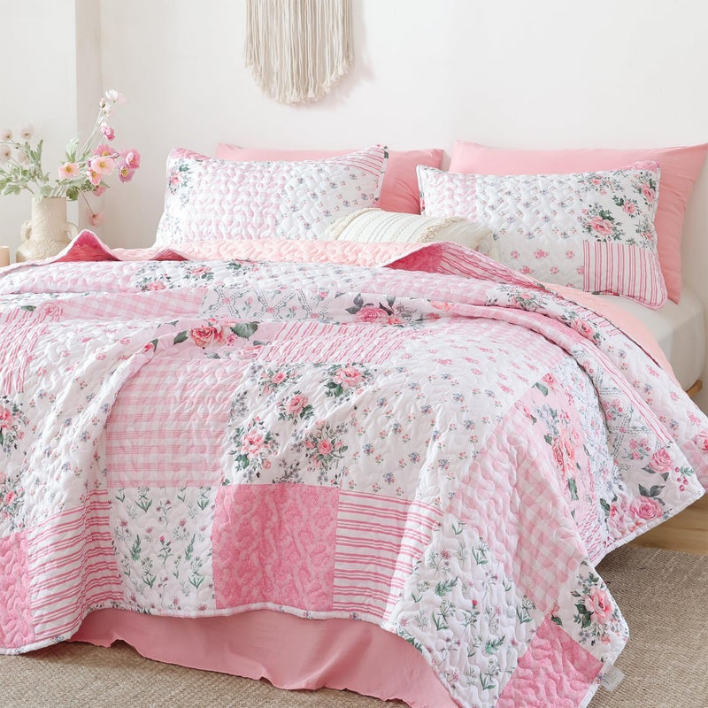 YIKUSH Quilt Sets King Size Floral Quilt Set 3 Pieces Bedding Set Bedspreads Pink Comforter Blanket with 2 Pillow Cases- Ultra Soft Floral Coverlet with Printed Pattern 104in.x 90in. - Image 4