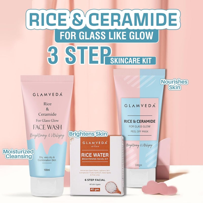 Glamveda باقة هدايا جلامفيدا من سيراميد الأرز لتفتيح البشرة وغسل الوجه ومجموعة العناية بالوجه وقناع التقشير خالي من SLS والبارابين لجميع أنواع البشرة - عبوة من 3 - Image 2