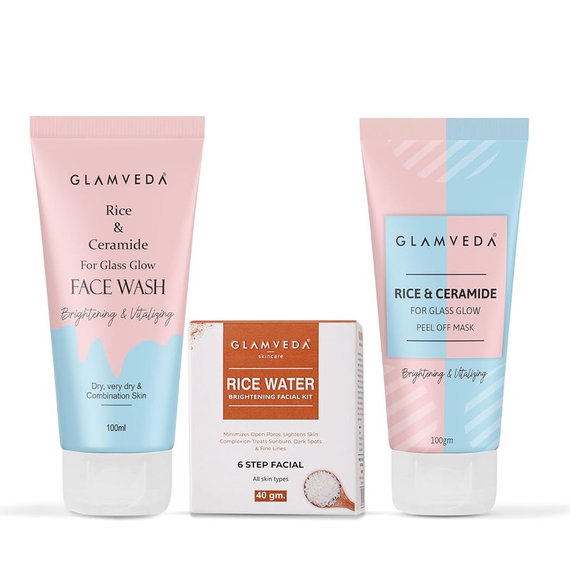 Glamveda باقة هدايا جلامفيدا من سيراميد الأرز لتفتيح البشرة وغسل الوجه ومجموعة العناية بالوجه وقناع التقشير خالي من SLS والبارابين لجميع أنواع البشرة - عبوة من 3 - Image 1