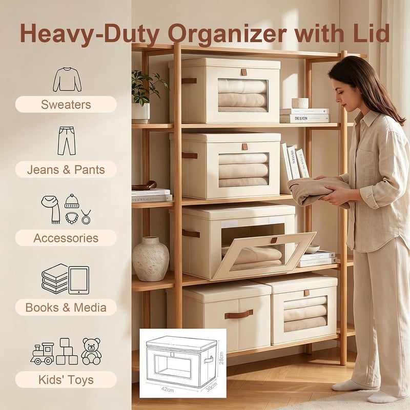 Telfun Large Closet Storage Organizer - Clothes Storage Bins with Handles & Window, Collapsible Decorative Boxes with Lids, Fabric Containers for Living Room, Dorm, 2 Pack, Beige - Image 4