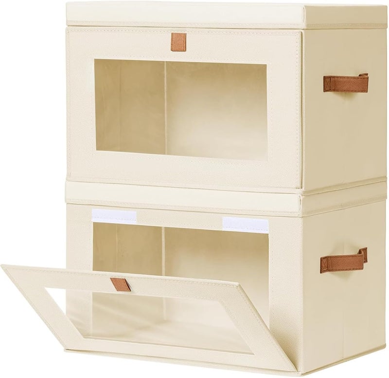 Telfun Large Closet Storage Organizer - Clothes Storage Bins with Handles & Window, Collapsible Decorative Boxes with Lids, Fabric Containers for Living Room, Dorm, 2 Pack, Beige - Image 1