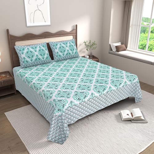 EasyGoods® 240 TC Pure Cotton Bedsheet for Double Bed, King & Queen Size Bed, Jaipuri Rajasthani Design with 2 Pillow Covers, Extra Soft & Wrinkle Free (Blue) - Image 1