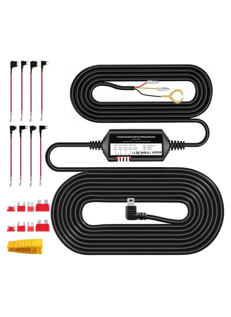3-Lead ACC Hardwire Kit JYX02 Mini-USB Port for M550/M550 Max/M17 Dash Cam, 12ft with Fuse Kit, for Dash Camera 24H Parking Monitor, Converts 12V-24V to Output 5V/2.5A Max, Low Voltage Protection