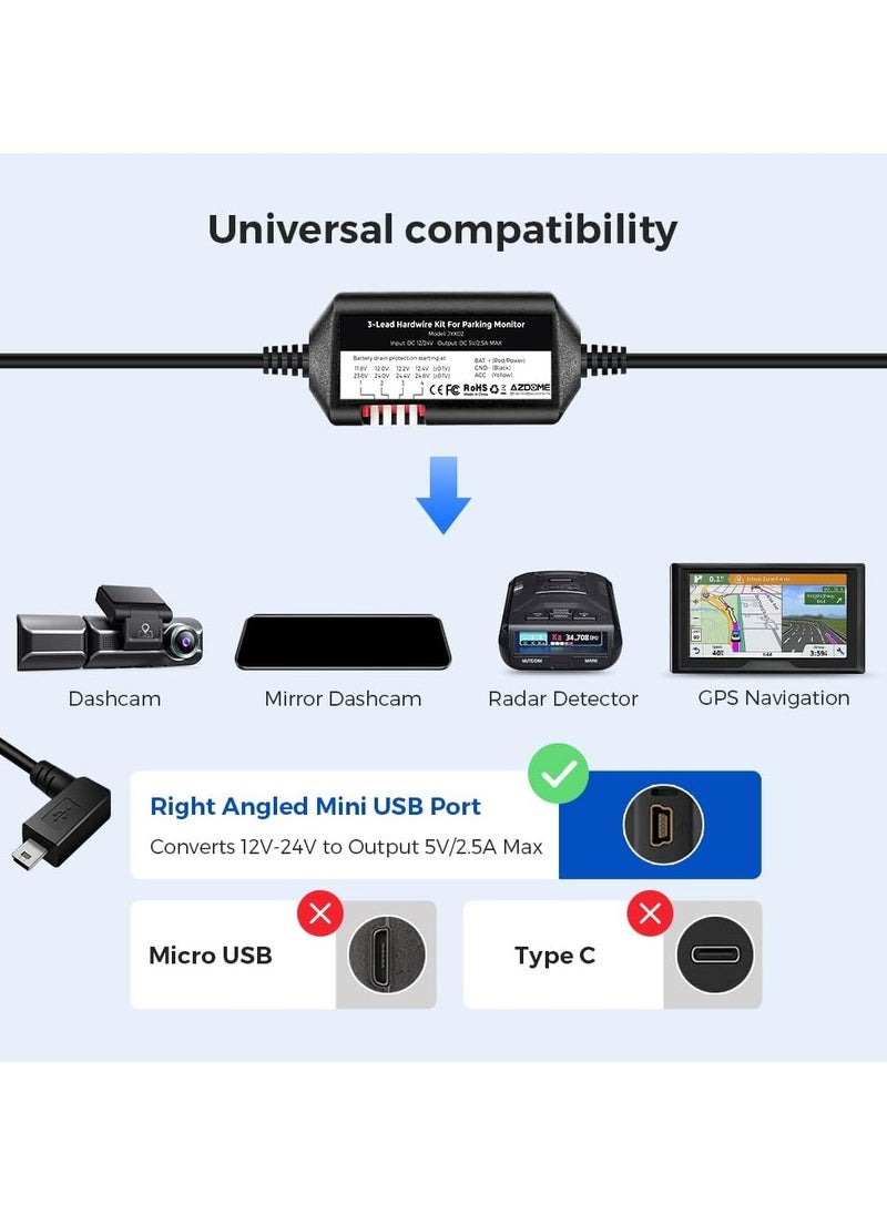 3-Lead ACC Hardwire Kit JYX02 Mini-USB Port for M550/M550 Max/M17 Dash Cam, 12ft with Fuse Kit, for Dash Camera 24H Parking Monitor, Converts 12V-24V to Output 5V/2.5A Max, Low Voltage Protection
