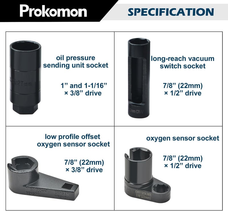 Prokomon 10pcs Oxygen Sensor Socket Set, O2 Sensor Removal Kit, Oil Pressure Sensor Socket Wrench Set 1/2" 3/8" Drives, Oxygen Thermal Oil Pressure Sensor Removers - Image 4