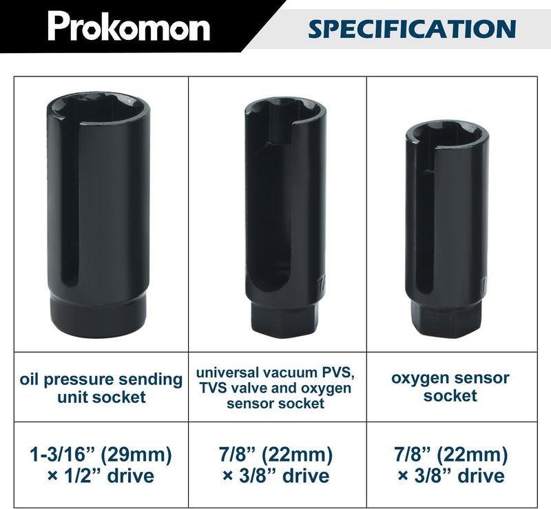Prokomon 10pcs Oxygen Sensor Socket Set, O2 Sensor Removal Kit, Oil Pressure Sensor Socket Wrench Set 1/2" 3/8" Drives, Oxygen Thermal Oil Pressure Sensor Removers - Image 2